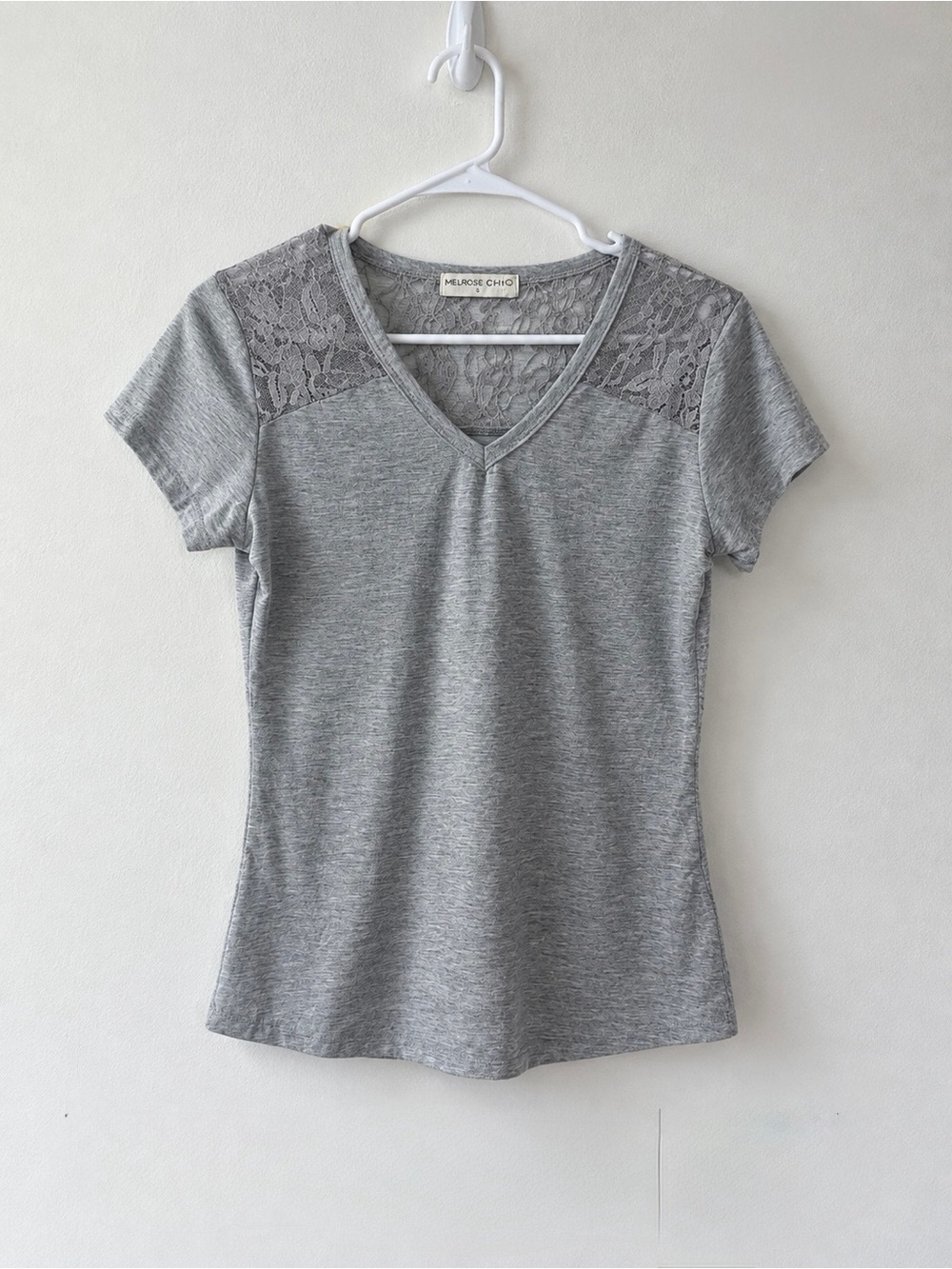 Melrose Chic Gray Lace-Yoke V-Neck Short Sleeve Tee - Girls